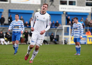 Adam Farrell of AFC Telford United celebrates after scoring a goal to make it 4-0 from the penalty spot