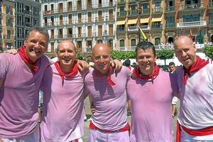 Soaked in sangria – John Bennett, left, with pals Richard Bourgaize, Mark Oakley, Martin Stevens and Paul Andrews