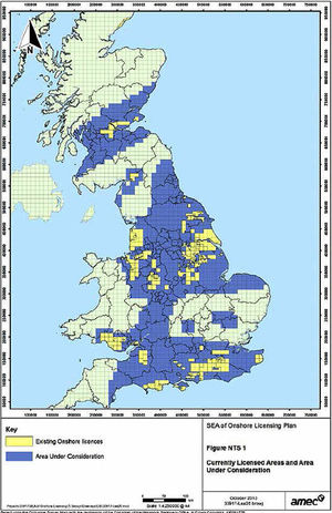 Yellow shows existing onshore licences and blue are areas under consideration
