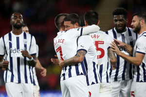 The goalscorers celebrate (Photo by Adam Fradgley/West Bromwich Albion FC via Getty Images).