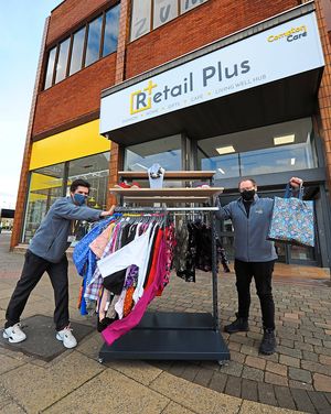 Getting ready to re-open, (left) assistant manager Mike Evans, and (right) area manager Aaron Smith, at Compton Care Retail Plus, Wolverhampton.
