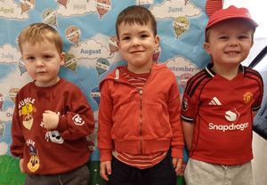 Enjoying Red Nose Day Arthur Meddows aged 2 years, Elijah Davies aged 3 years, and Henry Lefevre Allard aged 2. years