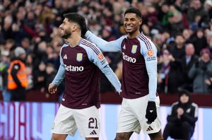 Aston Villa's Marco Asensio celebrates scoring their side's first goal of the game with Marcus Rashford (right) during the Emirates FA Cup fifth round match at Villa Park, Birmingham. Picture date: Friday February 28, 2025.