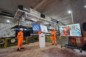 Rail minister Lord Hendy (centre), alongside Richard Adam, Managing Director Skanska Costain STRABAG Joint Venture Delivering HS2 London Tunnels, and Mark Wild, Chief Executive Officer of HS2, during a ceremony at the Atlas Road Tunnelling Office, London, to switch on the HS2 Tunnelling machine to dig the tunnel from Old Oak Common to Euston. Photo: Yui Mok/PA Wire