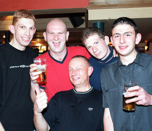 Phil Field, Mark Worsdell, Chris Worsdell, John Hill and John Larkin enjoying a night out at The Crown, 05.11.2001