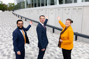 Sandeep Shingadia (representing WMCA) and Louise Brooke-Smith join Dave Wagg (centre) at the Stadium