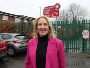 Antonia Bance MP outside Glebefields Primary School in Tipton.