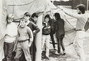 May 1987: Arts Attack week at Shelfield Community School was being held during half-term, with professional artists giving hints on video-making, puppetry, flower arranging, music, calligraphy, photography and graffiti. The photograph shows Leslie Nolan, Chris Day, Matthew Anderson and Kenneth Gentles with Andy Bradley.