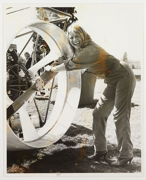 The official launch of a new airship from Hagley Hall was delayed because of high winds. The photograph shows Susan Doolittle from Stourport next to the gondola on April 16, 1981.