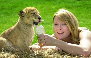 Andrea Redfern with cat-friendly ice cream at West Midland Safari Park in 2002