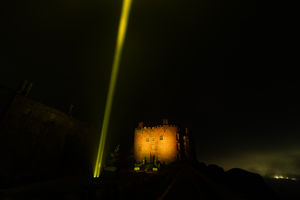 A yellow beam of light is projected at Powis Castle in Welshpool, simultaneously with ten other locations across the UK, as part of the 'Tour de Skies' activation, with each beam representing a town or city that will host a start or finish stage of the 2027 Tour de France or the Tour de France Femmes avec Zwift. Picture: Fabio De Paola/PA Media Assignments