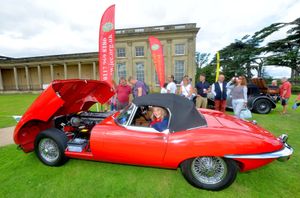 E Type Jaguar 1972 and Pam Evans from Shifnal, she tours in the car and visits many countries in it every year