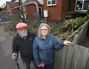 Environmental damage in Sandpits Avenue, Ludlow.
Contractors have caused uproar by cutting trees in the area during the nesting season.
Pictured is Councillor Tracey Huffer and Councillor Andy Boddington.
Picture by Phil Blagg Photography.
PB111-2024