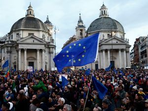 People protest during a pro-Europe rally in Rome’s central Piazza del Popolo