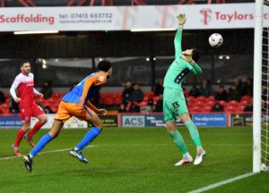 Luca Hoole doubles Shrewsbury Town's lead. Picture: Tim Thursfield
