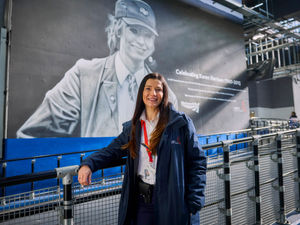 Marta Filipiuk, one of Avanti's new recruits, with the mural of Britain's first female train driver