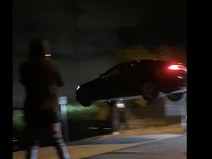 Supporting image for story: LAPD names person of interest in flying Tesla stunt as victim sees huge donations roll in