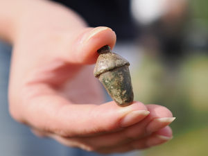 Photo issued by the National Trust of a decorative metal acorn, likely to be a weight. Roman coins, incense bowl and helmet handle are among artefacts found in a dig that allowed visitors to a National Trust estate to get hands-on with archaeology. Excavations at Attingham Estate in Shropshire took place after a geophysical survey of across more than 1,000 hectares (2,471 acres) of land uncovered significant archaeological remains, including two previously-unknown Roman villas and an Iron Age homestead. Issue date: Thursday October 9, 2025. PA Photo. Photo credit should read: Jayne Gough/National Trust/PA Wire 