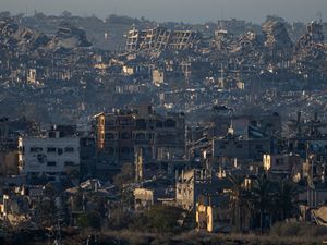 Destroyed buildings in the Gaza Strip, seen from southern Israel