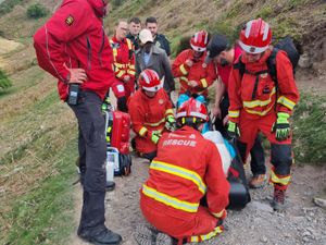 The emergency services found a man, aged 20, had fallen "nearly 50 feet" down a hill and was suffering from a number of injuries. Photo: Church Stretton Fire Station