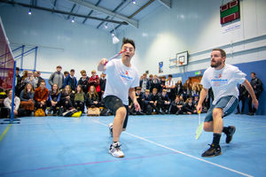 Teachers Mr Pritchard and Mr Lin in the staff vs student badminton match