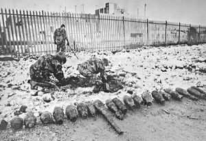 January 24, 1990: 'A huge cache of more than 200 Second World War mortar bombs have been unearthed next to a chemical plant in Oldbury. One live device was detonated by an army bomb disposal team. The army is considering a second controlled explosion this afternoon. A workman dug up an initial 25 bombs with an earth digger at Bird's Hauliers next to the chemical giant BIP in Tat Bank Road yesterday. Army bomb disposal experts were called in and found the others last night and today. The blast from last night's explosion was heard some distance away and brought a rush of calls to Smethwick police station from worried residents. The road is closed to traffic between Pope's Lane and Wellesley Road and BIP has been placed on a five-minute alert. Chief Inspector Keith Ashton, from Smethwick police, said it was believed one of the mortars found today was live and could be exploded at the site this afternoon.'