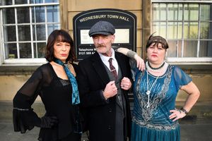 Visitors to the Let's Dance Again event at Wednesbury Town Hall dress as Peaky Blinders to celebrate the new film.Geraldine Jennings, Paul O'Riordan and Michelle Barnes from the Proper Peaky's group.