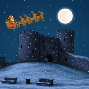 Saint Nick flying through the frosty Black Country sky, over Dudley Castle, as Christmas Eve settles in.