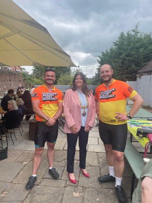 Ben and Tim with Mayor Rachel Connolly when they called into Bridgnorth mid-point on their journey