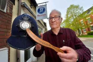 Tony Humphreys who was a policeman in the town from 1970-1996. Pictured here with his very own Night Helmet that is on display..