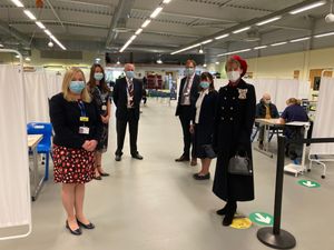 Supporting image for story: Shropshire's Lord-Lieutenant pays tribute to vaccination volunteers and staff during visit to Shrewsbury Covid jab centre