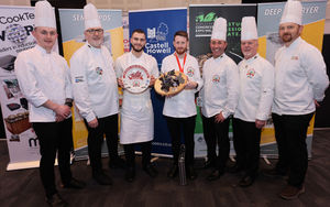 National Chef of Wales Dion Wyn Jones with his commis Ivan Barzev with Culinary Association of Wales president Arwyn Watkins, OBE and the judges