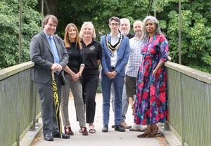 Blondel Cluff with, from left: Craig Williams MP, Jane Dodds, Claire Cartwright, Richard Williams, Guy Jones and Grant Mitchell. Photo: Phil Blagg Photography