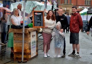 Bad weather in 2023 meant that stall holders at the Oswestry Food & Drink Festival in were packing up early.  Packing up is Henstone Distillery and Darren Blackburn, Lizzie Toller-Blackburn,Flo Toller, Rafe Toller, Chris Toller and Henry Toller.