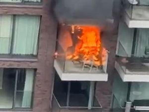 Screen grab of video taken with permission from the X account @samcrazyguy courtesy of Khaja Naseer of a fire in a block of flats on Leman Street in Aldgate, east London