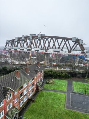 The Bellingham Bridge, one of the tallest HS2 bridges, near residential flats in Birmingham.