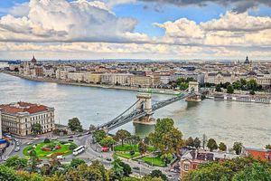 River Danube. The city is split into Buda and Pest by the river.