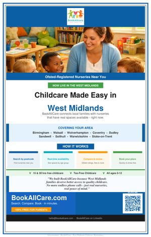 BookAllCare.com lets parents search for Ofsted-registered nurseries with real-time availability across the Black Country, South Staffordshire, and Stoke-on-Trent — completely free.