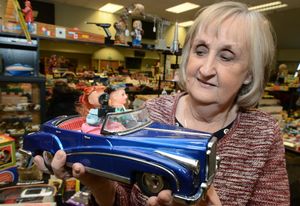 Jo Lashford from Bewdley with a unique toy car at the Toy and Train Collectors Fair at Ludlow Racecourse
