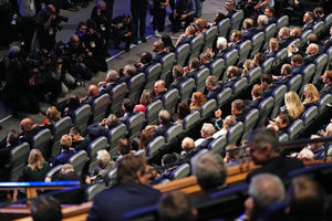 MPs gathered to watch Liz Truss's speech at the Tory Party conference