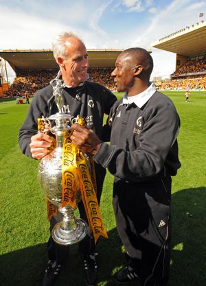 Mick McCarthy and Terry Connor with the trophy.