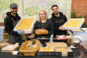 Sonny Castaldo, Beth Gittoes and Anthony Castaldo of Meavia Pasta Bar in Hereford with their Caerecce pasta, focaccia bread and tagliatelle. Image by Andy Compton