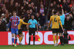 Ladislav Krejci of Wolverhampton Wanderers is shown a red card (Photo by Luke Hales/Getty Images)