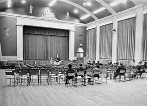 Gerry Fowler, Wrekin MP and Joint Parliamentary Secretary at the Ministry of Technology, arrived at Wolverhampton College of Technology yesterday to give a talk and found only a handful of students waiting for him. But Mr Fowler went on with his speech on 'Education for the technologist of the future.' And at the end, the student who organised the forum said he would resign from the organising committee because of the poor support. Tony Miller, a fourth year student on a business studies course, told Mr Fowler at the end of the forum: 'I am sorry about the small audience. I don't know how to apologise... When Enoch Powell and Mary Whitehouse were here, we had a packed hall...' The event was held on Friday, January 10, 1969.