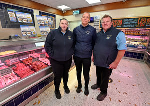 Nadine Turner-Richards, Lisa Nicholson and Anthony Jones from Alan Warwick Butchers. Lisa said the minimum wage rise was good, but preferred not to pay more tax