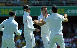 England's James Anderson (centre) celebrates taking the wicket of Australia's George Bailey (not pictured)