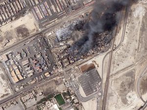 Satellite photo showing the epicentre of an explosion at the Shahid Rajaei port near Bandar Abbas, Iran