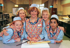 Shobna, right, in Dinnerladies with, from left, Maxine Peake, Anne Reid, the late Victoria Wood and Thelma Barlow