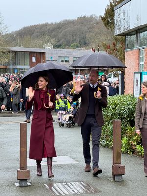 The Prince and Princess of Wales wave to crowds as they arrive at the Oriel Davies Gallery in Newtown. Picture: Gemma Lawley