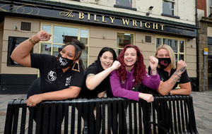 Manager Hayley McMullan with Jordan Manderson, Ellen Konu, and Tracy Fleet as they enjoy their first day back running the Billy Wright